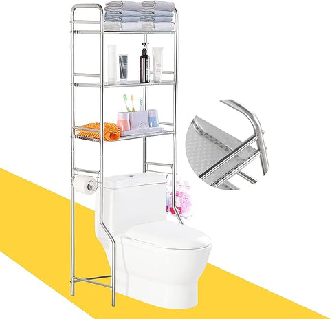susunnus Over The Toilet Storage 3 Tier S,Bathroom Shelves Over Toilet,Freestanding Space Saver with Toilet Paper Holder,Stainless Steel,Pragmatic, Sturdy,Waterproof,Silver