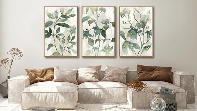 Large Framed Canvas Wall Art - Natural Float Framed Rustic Green Flowers Leaves Pictures Paintings White Grey Artwork Decor for Bedroom Living Room Kitchen Home Office Decoration 60" X 28" Set of 3