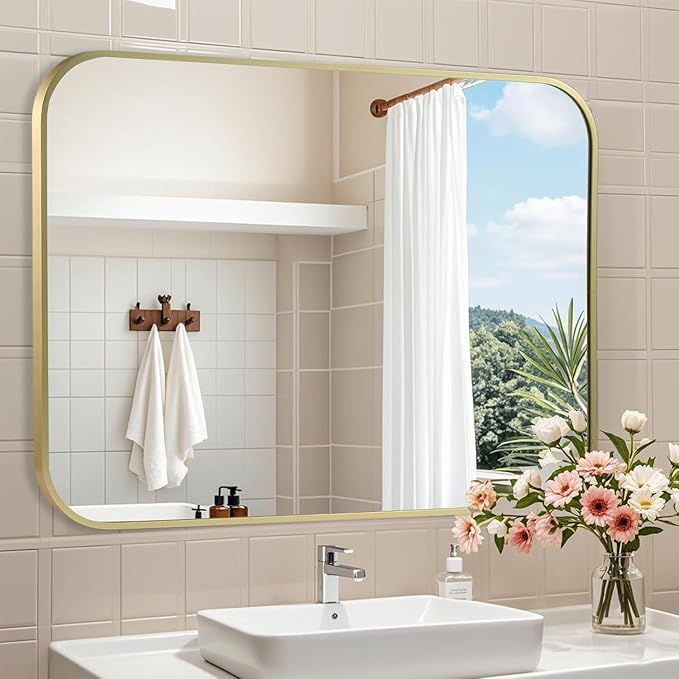Brushed Gold Mirror, 48"x30" Rectangle Bathroom Mirror, Metal Frame Rectangle Corner Vanity Mirror, Wall Mounted Mirror for Modern, Living Room, Bedroom, Horizontal Or Vertical