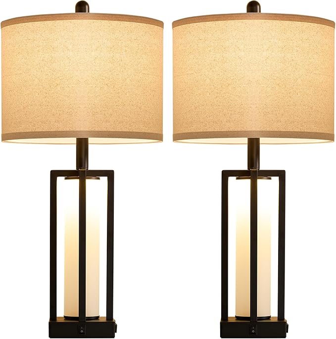 26.6" Farmhouse Table Lamps Set of 2, 3 Way Dimmable Touch Lamps, Modern Nightstand Bedside Lamps with Dual Light Control, USB A+C Ports & AC Outlet, Built-in Night Light for Bedroom End Table