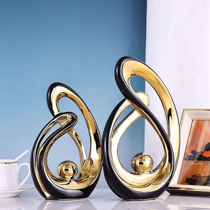 XMGZQ Home Decor Accent,Porcelain Art Mid Century Bookshelf Decorations,Gold Centerpieces for Tables,Abstract Ceramic Statue Sculpture for Coffee Table Mantel Tv Stand Centerpieces (Black, Large)