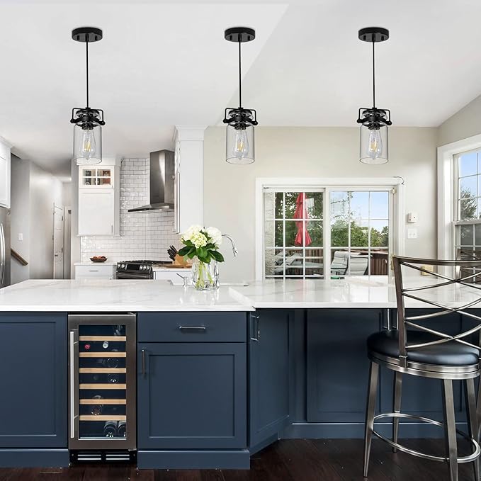 Pendant Lighting for Kitchen Island, Modern Glass Pendant Light Linear Chandelier for Dining Room, 1 Light Industrial Hanging Light Fixture Adjustable Cord Farmhouse Ceiling Light Black Finish