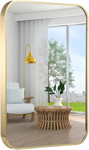 24x36 Inch Bathroom Mirror, Gold Framed Rectangle with Rounded Corner, Aluminum Alloy Framed Brushed Wall Mirror for Bedroom or Living Room, Vertical or Horizontal