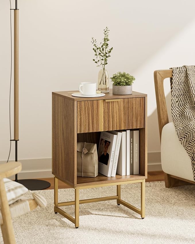 Masupu Fluted Nightstand,Modern Night Stand Wood Bedside Table with Storage Drawer Side End Table for Bedroom,Living Room,Office,Walnut Brown