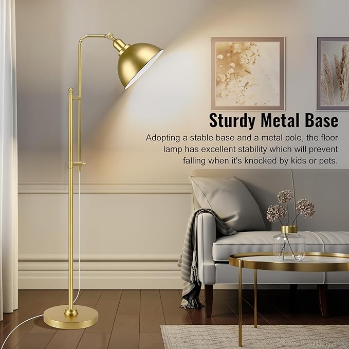 PARTPHONER Industrial Floor Lamp Adjustable, Rustic Farmhouse Reading Lamp in Aged Gold Finish, Modern Standing Lamp with Remote Control Metal Shade for Living Room Bedroom Study Room Office Hotel