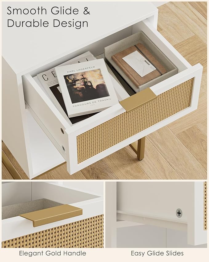 Masupu Rattan Nightstand,Modern Night Stand Boho Farmhouse Wood Bedside Table with Storage Drawer Side End Table for Bedroom,Living Room,Office,White