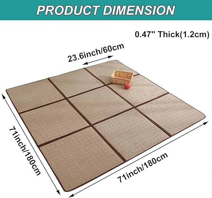 MYOYAY Large Japanese Tatami Mat 71x 71in Large Summer Breathable Sleeping Mat Foldable Rattan Floor Mat Non-Slip Memory Foam Stitching Carpet Crawling Mats Living Room Bedroom Playroom Yoga