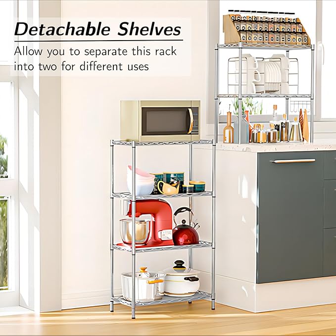 Homdox 6-Tier Storage Shelf Wire Shelving Unit Free Standing Rack Organization with Adjustable Leveling Feet, Stainless Side Hooks, Silver