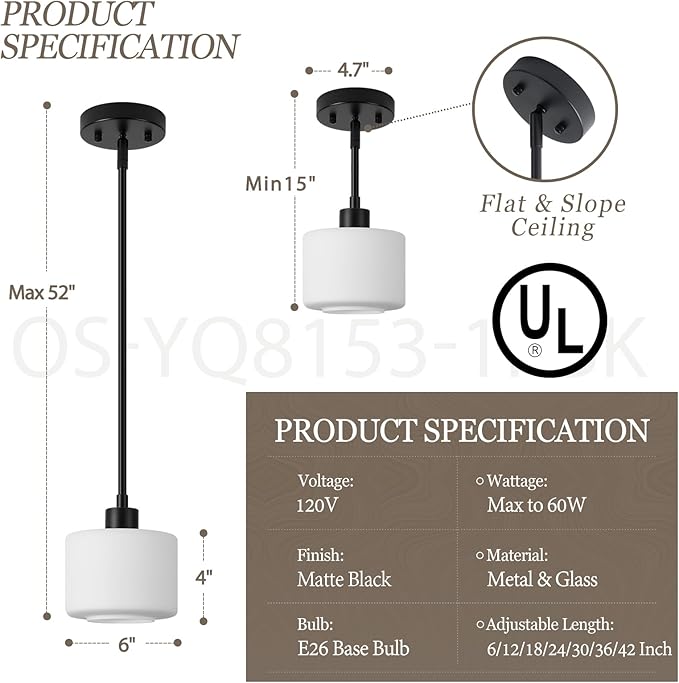 Milk Glass Pendant Lights Kitchen Island, 1-Light Modern Black Hanging Light Fixtures with Rods, Mini Kitchen Pendant Lighting Over Island for Sink Bathroom, OS-YQ8153-1PBK