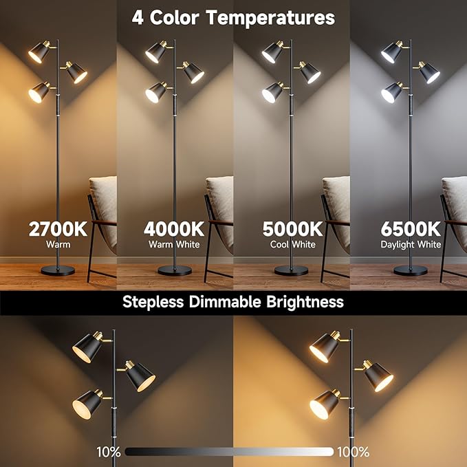 LED Tree Floor Lamp, 2500LM Super Bright Standing Lamp with Remote & Touch Control, 4 Color Temperatures, 3 Rotatable Lights, Modern Dimmable Floor Lamps for Living Room Bedroom Office