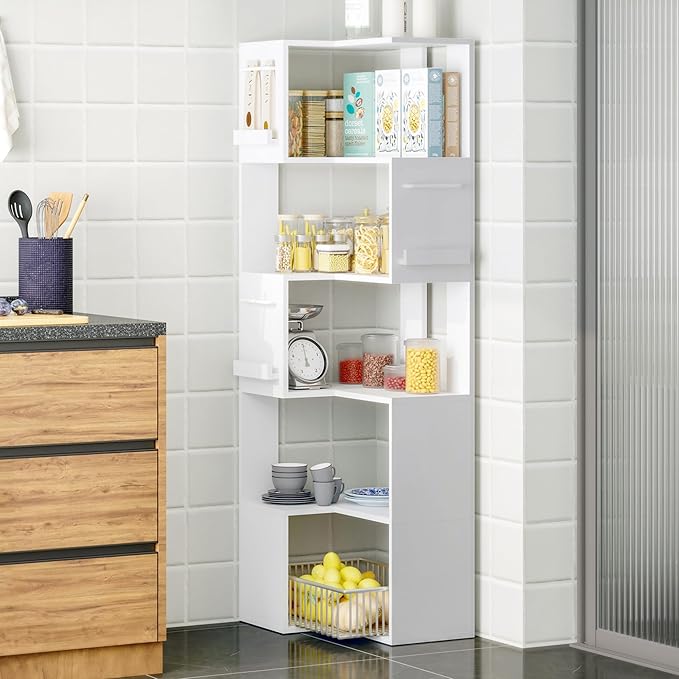 PPAMAPIC 5 Tier Corner Bookshelf, 63" Tall L Shaped Bookcase, Corner Cabinet, Wood Grain Shelf Display Rack for Kitchen, Bedroom, Living Room (White)