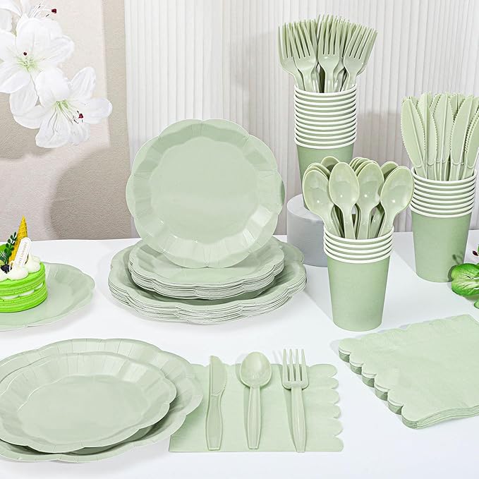 175 Pcs Sage Green Party Plates Cups and Napkins Set, 25 Guest Sage Green Party Supplies Include Scalloped Plate Napkin Cup Forks Knives Disposable Plastic Cutlery for Wedding Baby Shower Birthday