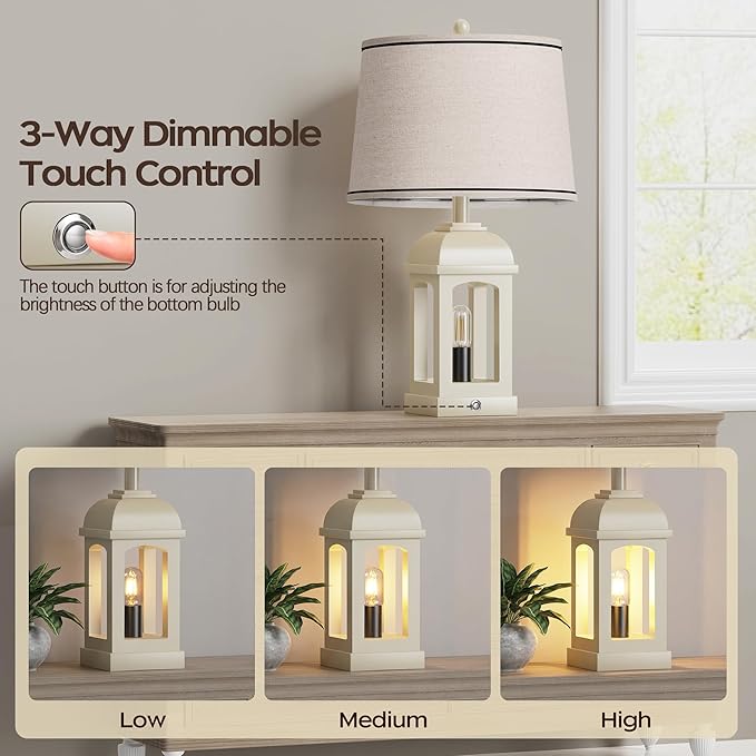 QiMH Table Lamp for Living Room, Farmhouse Lamps with USB A+C and Nightlight, 26" Rustic Bedside Lamps with 3-Way Dimmable Touch Control, Nightstand Lamp for Bedroom, White, 1 Pack