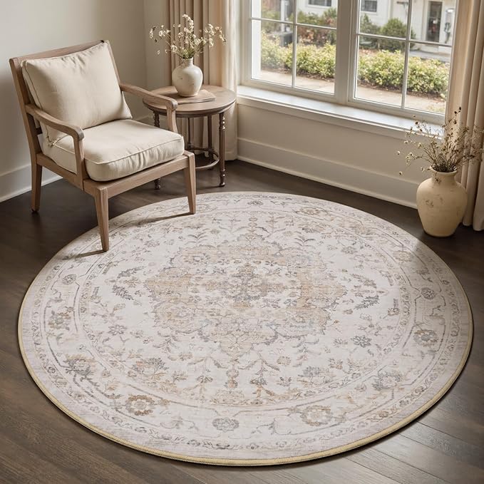 PADOOR-Vintage 6FT Round Rug-Rugs for Living Room-Soft Beige Circle Rug-Machine Washable Rugs for Bedroom-Non Slip Carpet-Rug for Dining Room Living Room Bedside Office