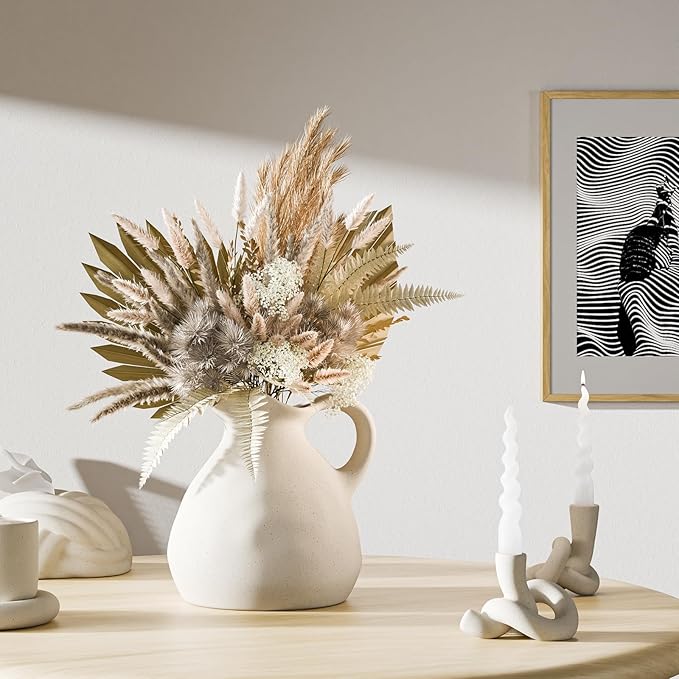 White Ceramic Pitcher Vase with Handle, Modern Farmhouse Jug Flower Vase for Home Decor, Centerpieces for Table, Living Room, Bedroom, Rustic Boho Decoration