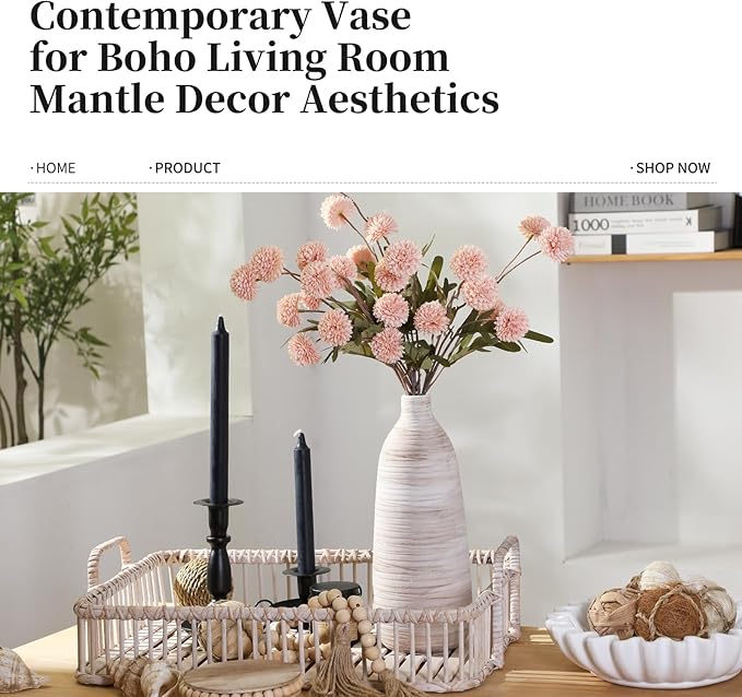 ALMA 2025 Updated 11in Tall White Beige Vase for Boho Home Decor, Thin Ceramic Vase for Single Rose, Pampas Grass, Decorative Rustic Vase for Flowers, Dining Table Centerpieces,Table Top Decoration