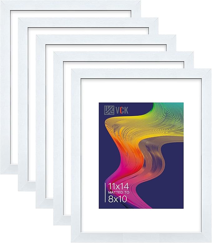 VCK 11×14 White Picture Frame with Mat for 8x10 Picture Set of 5 Wall Hanging Wooden Frame with Real Glass For Artwork Documents Family Home Wall Gallery Multi Photo Frame