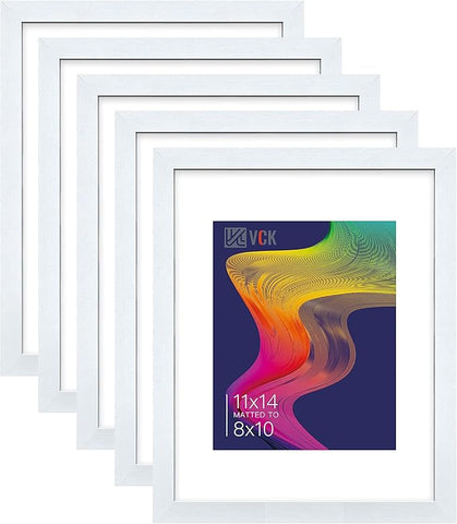 VCK 11×14 White Picture Frame with Mat for 8x10 Picture Set of 5 Wall Hanging Wooden Frame with Real Glass For Artwork Documents Family Home Wall Gallery Multi Photo Frame