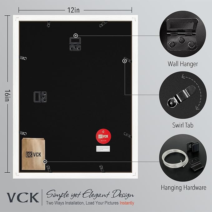 VCK 12x16 Picture Frame 5 Pack - White, High-End Wood Poster Frames with Tempered Glass, Display 8.5x11 Photo with Mat or 12x16 without Mat, Art Gallery-Quality, Wall Hanging, White