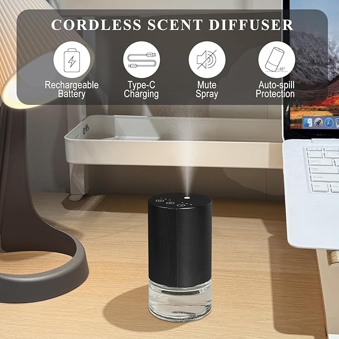 Essential Oil Diffuser, Waterless Scent Diffusers for Home, 100ml Capacity Atomizing Humidifier, Rechargeable Air Freshener Machine with 7-Color Ambient Light for Bathroom Car Office (Black)
