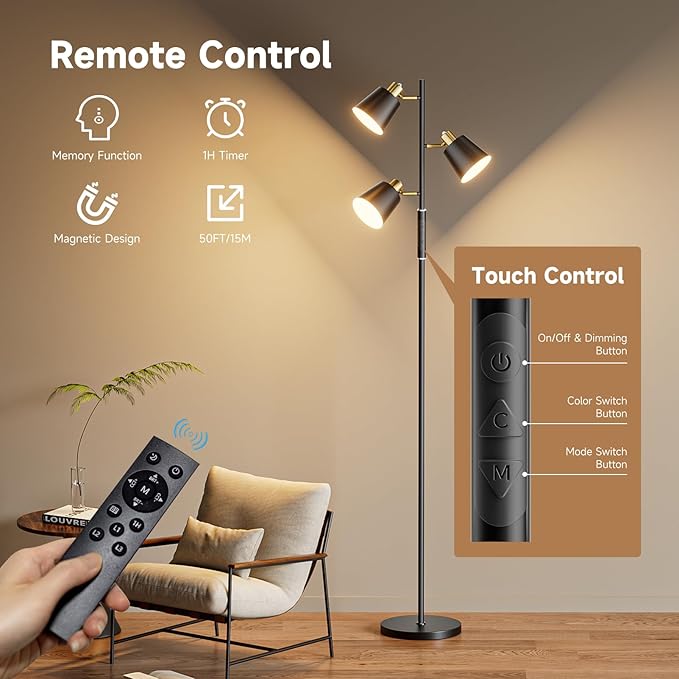 LED Tree Floor Lamp, 2500LM Super Bright Standing Lamp with Remote & Touch Control, 4 Color Temperatures, 3 Rotatable Lights, Modern Dimmable Floor Lamps for Living Room Bedroom Office