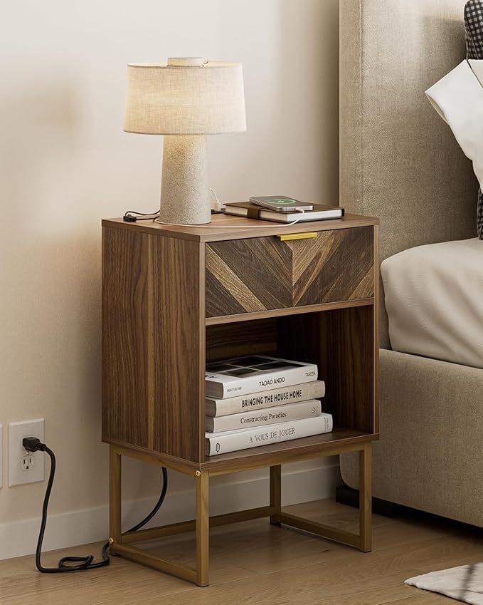 Masupu Nightstand with Charging Station,Modern Night Stand Boho Farmhouse Wood Bedside Table with Storage Drawer Side End Table for Bedroom,Living Room,Office,Walnut Brown with Outlet