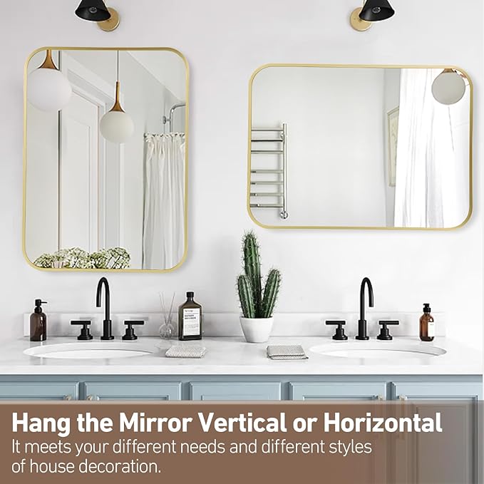 FARMER 48x30 Inch Matte Gold Bathroom Mirrors for Wall, Brushed Bathroom Vanity Mirror with Rounded Edge, Metal Framed Rectangle Mirrors for Bathroom or Living Rooms, Hangs Horizontally or Vertically