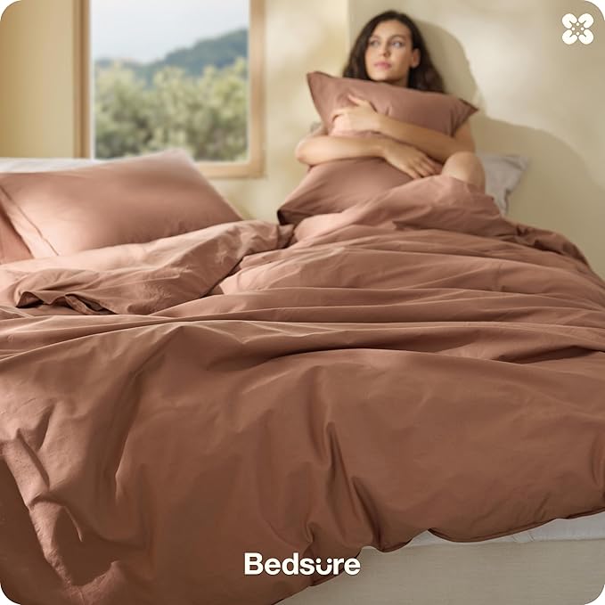 Bedsure Cotton Duvet Cover Full - Luxury Slub Weave 100% Cotton Duvet Cover Set with a Linen Like Textured, Easy Change Durable Bedding Set 3 Pieces, Mocha Mousse, 80" x 90"