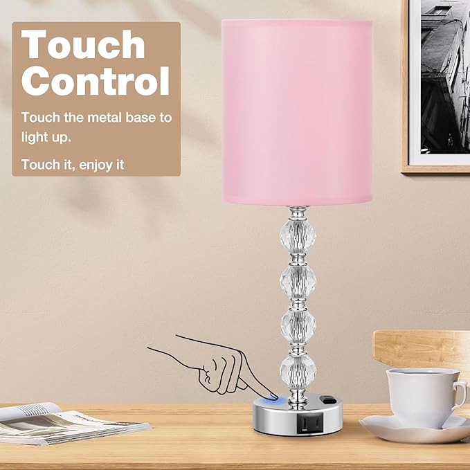 Touch Bedside Crystal Lamps for Bedrooms Nightstand with USB C+A Charging Port and AC Outlet White, 3 Way Dimmable Silver Large End Side Table Lamp for Living/Guest/Dinning Room/Kitchen