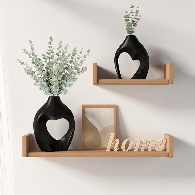 Black Vases for Decor, Heart Shaped Ceramic Vase Set of 2, Nordic Heart Shaped Vases, Minimalist Decorative Vase for Table Centerpiece Wedding Dining Living Room Office House Decoration
