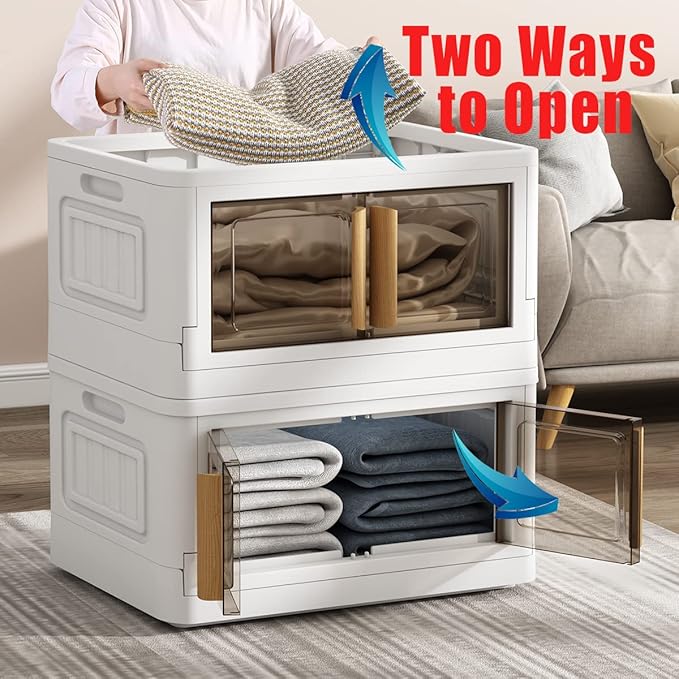 KHNR Storage Bins with Lids, 78 Quart Plastic, White Closet Organizers and Storage,5 Packs Stackable with Wheels,Dual Open Collapsible, for Home and Office