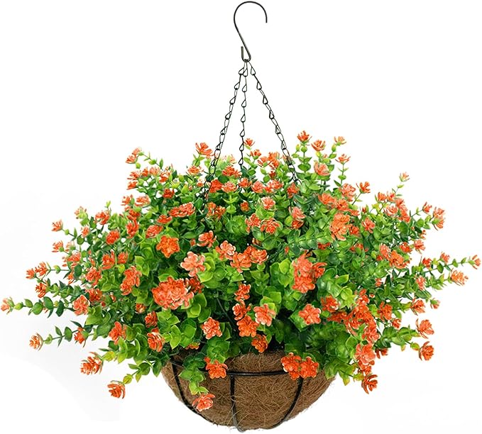 Artificial Hanging Flowers Basket, 12 UV-Resistant Bundles of Realistic Fake Flowers, Faux Plants for Outdoor Decor, Home, Garden, Porch, Patio, Spring & Summer Decorations, Orange