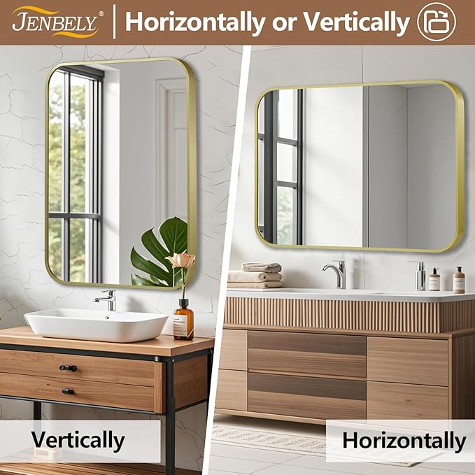 26x38 Inch Gold Mirror, Framed Rectangle Mirror with Rounded Corner, Brushed Brass Mirror, Gold Bathroom Mirror for Over Sink, Vanity, Living Room, Bedroom, Horizontal/Vertical