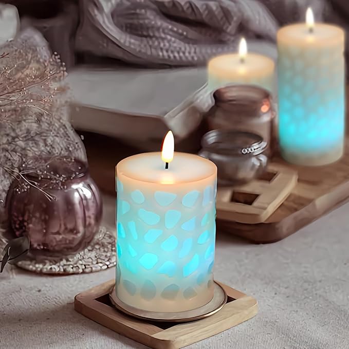 NICEME 3PCS LED Multi Colored Flameless Candles Pillar Battery Operated Flickering 3D Wick Flame Color Changing Candles with Remote Control Carving Real Wax Electric Fake Candles, D3” x H4” 5" 6"