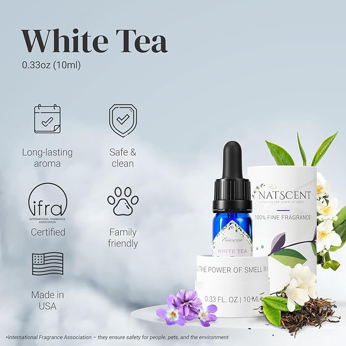 White Tea Essential Oils for Diffusers for Home, Nature-derived White Tea Diffuser Oil, Long-Lasting & Family-Friendly Diffuser Oils Scents, IFRA Certified, Cold Air & Ultrasonic - 0.33 0z