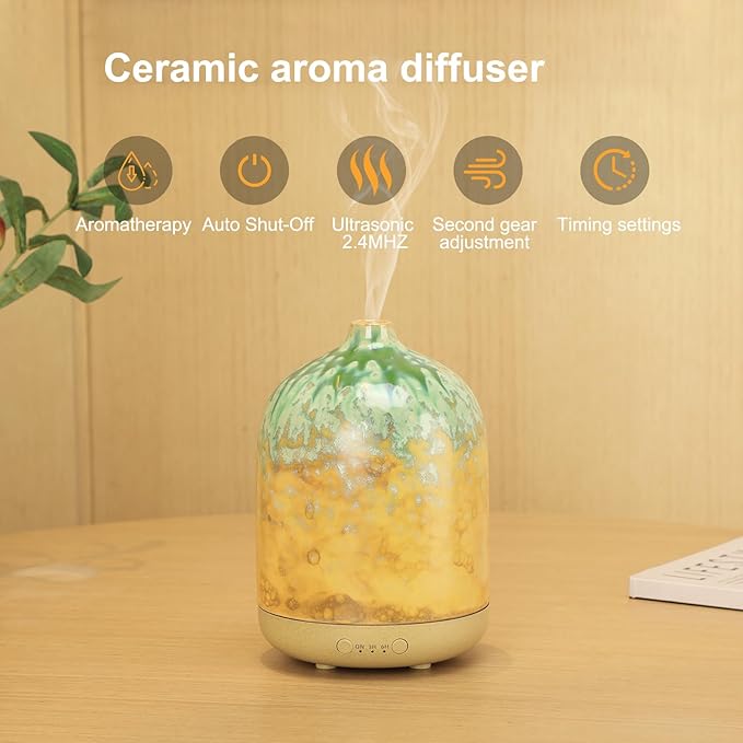 Ceramic Essential Oil Diffusers for Home, Decorative Bedroom Aromatherapy Scent Air Diffuser Reactive Glaze Ultrasonic Aroma Defusers 250ml with Timed