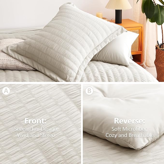 CozyLux Full Size Comforter Sets with Sheets Seersucker 7 Pieces Beige Bed in a Bag Textured Luxury Soft Bedding Set with Down Alternative Comforter, Sheets, Pillowcases & Shams for All Seasons