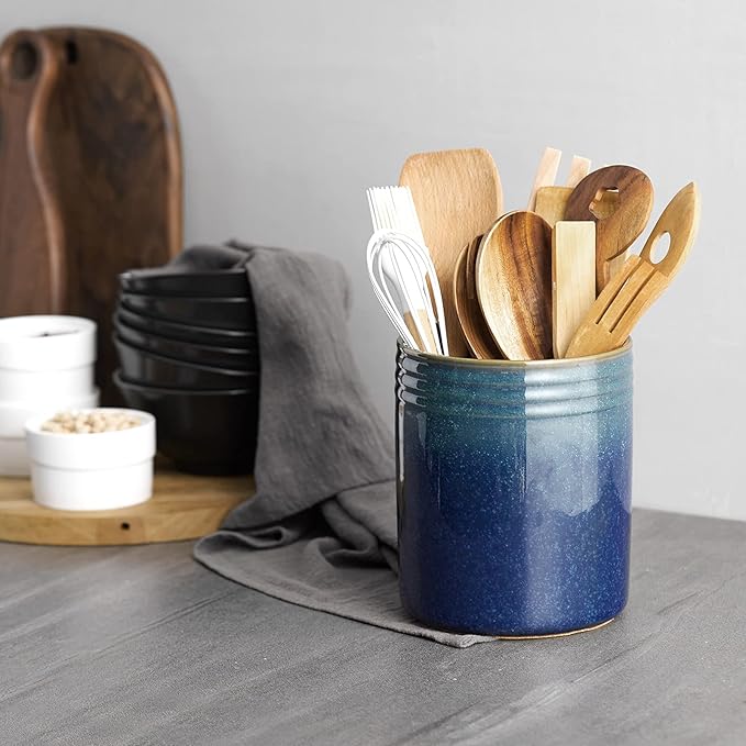 DOWAN 7.2" Kitchen Utensil Holder, Extra Large Farmhouse Utensil Holders for Countertop, Ceramic Utensil Crock, Anti Slip Cork Bottom (Multicolor, 7.2 Inch)