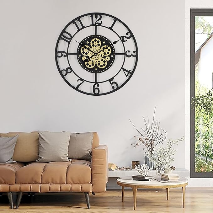 24 Inch Large Wall Clocks for Living Room Decor with Moving Gears,Large Wall Clock Industrial Steampunk,Oversized Metal Analog Wall Clocks for Farmhouse Home Battery Operated