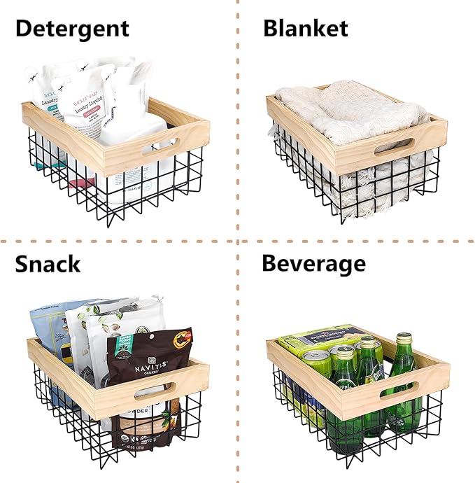 Set of 3 Metal Wire Baskets for Organizing Wood Top with Handles Storage Organizer Farmhouse Decor for Kitchen Cabinets Pantry Laundry Room Bathroom Closets Nesting Countertop Baskets