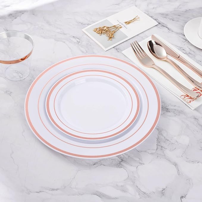 100PCS Rose Gold Plastic Plate, Disposable Party Plates with 50 Dinner and 50 Dessert Plates, Plastic Plate for Party, Wedding and Birthday