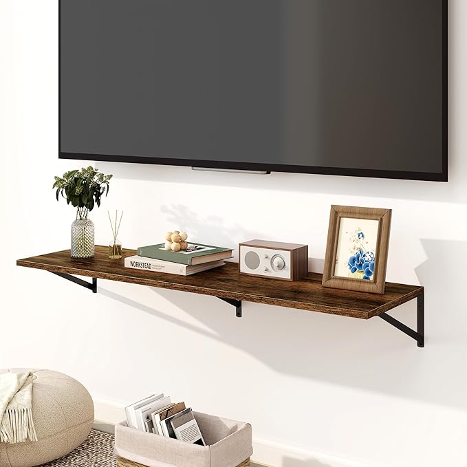 Fun Memories Floating Shelves for Wall, 12 Inch Deep Floating Shelves Set of 2, 48W x 12D Large Wall Shelf with Sturdy Metal Brackets for Living Room, Bathroom, Bedroom and Kitchen, Rustic Brown