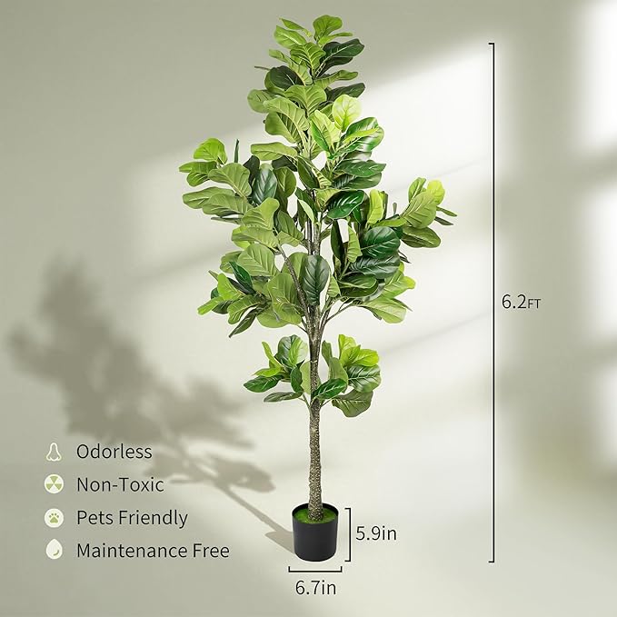 Worth Garden 74.8in Artificial Fiddle Leaf Fig Tree 6.2ft Tall Fake Plant with Pot, Indoor Outdoor Greenery for Home Office Living Room Bedroom Decoration