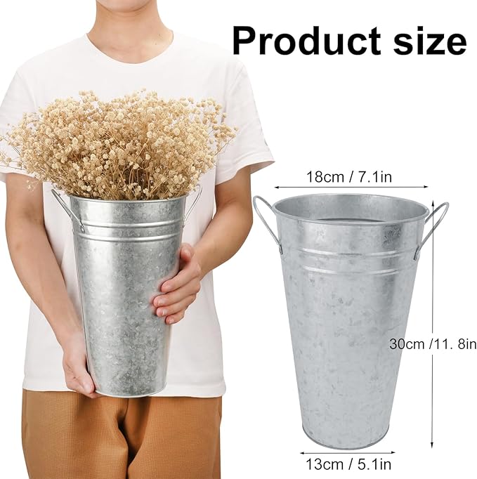 4 Packs 11.8 Inch Tall Galvanized Metal Vases With Handles - Rustic Tall Buckets for Cut Flowers, Country Wedding, Table Centerpiece Decorations - Vintage Style Containers