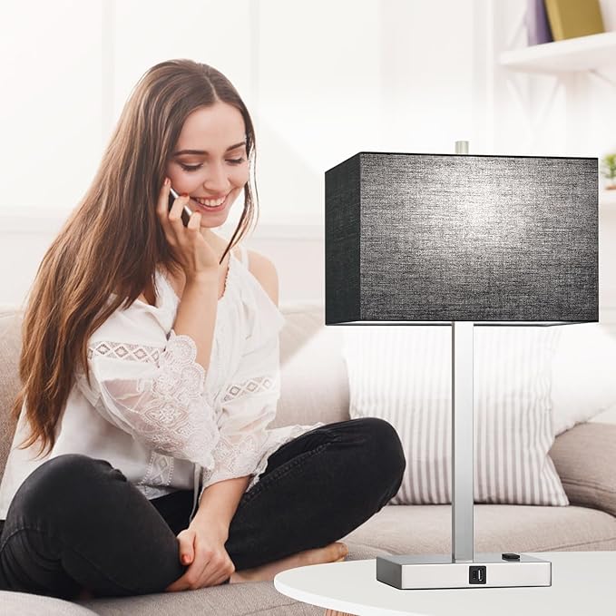 21" Touch Bedside lamps with 2 USB & AC Outlets, 3-Way Dimmable Bedside Table Lamps Set of 2 for Bedroom Living Room Office Reading, Black Shade Lamps for Night Stands, 5000K LED Bulbs Included