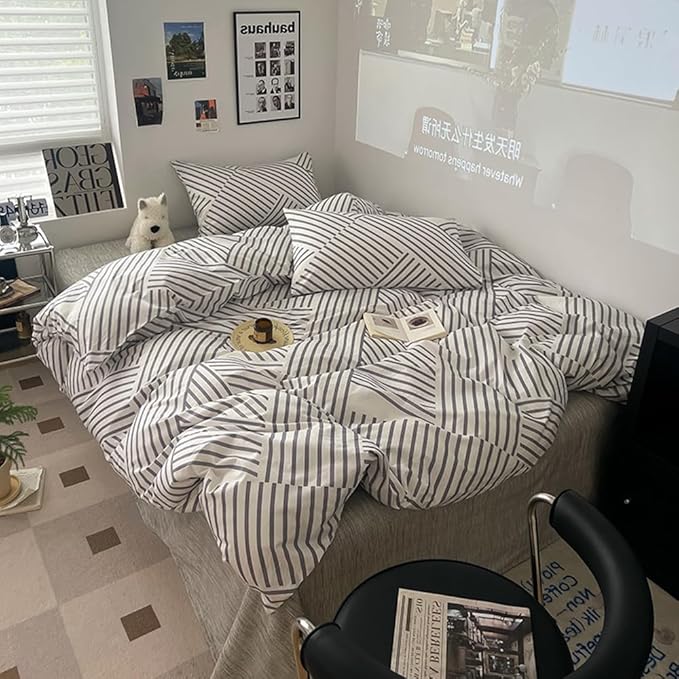 VM VOUGEMARKET Stripes Duvet Cover King,Instagram Style Geometric Duvet Cover with Zipper Ties 100% Cotton Modern Fashion Bedding Set for Men Women-King,Gray Stripes
