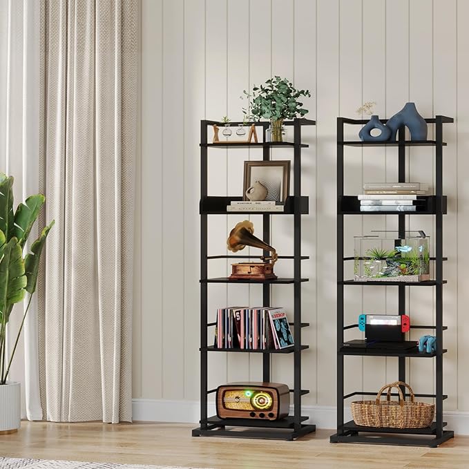 Hosfais Book Shelf Tall Bookshelf: 5 Tier Wood Bookcase with Metal Edge Protection Industrial Narrow Bookshelf Corner Storage Organizer Display Book Rack for Living Room Bedroom Home Office (Black)