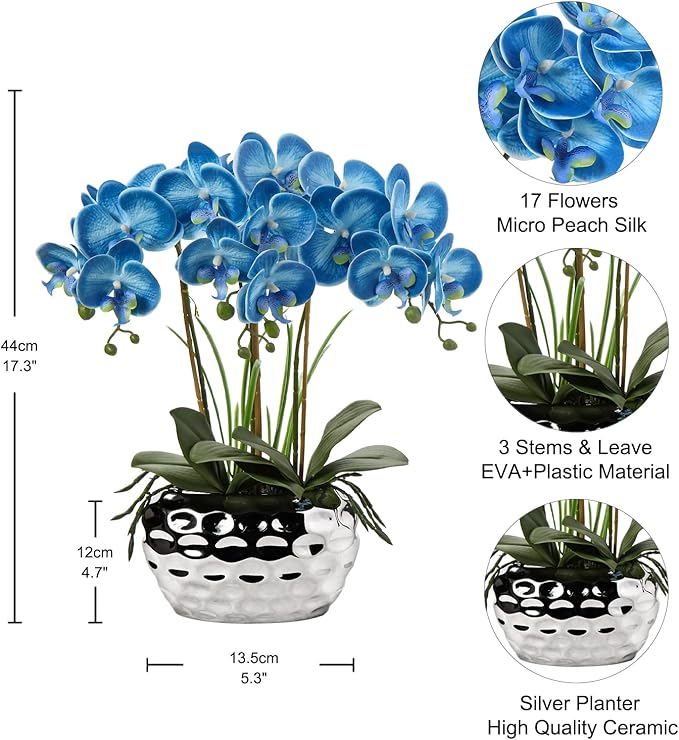 Briful Orchids Artificial Flowers 18" Blue Phalaenopsis Large Orchid with Silver Ceramic Pots Fake Orchid Flower for Home Office Bathroom Living Room Table Decoration