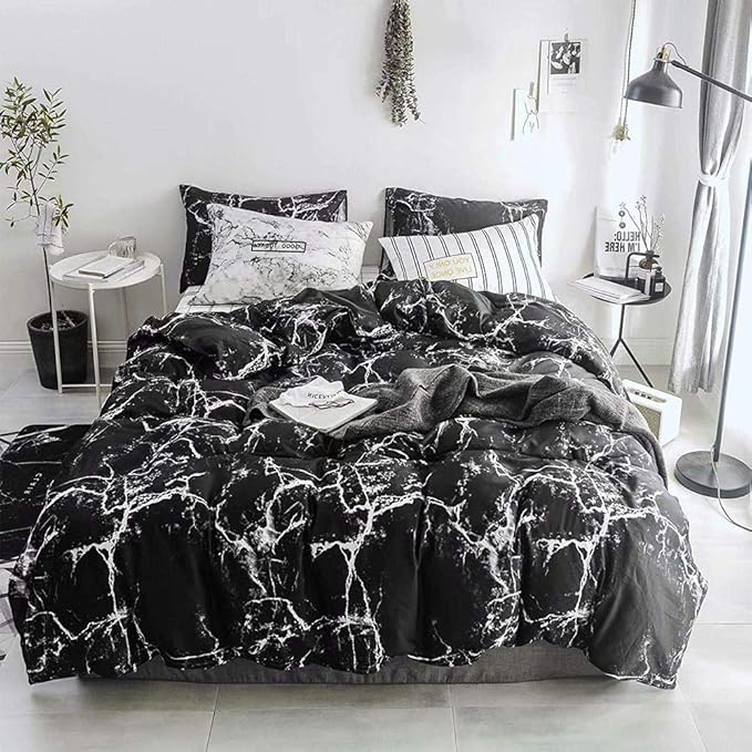 Pureant Black Marble Comforter Sets Queen Black and White Marble Bedding Comforters Cotton Women Men Modern Aesthetic Black Quilt Comforter Set Queen Size Abstract Black Marble Blankets Queen Bedding