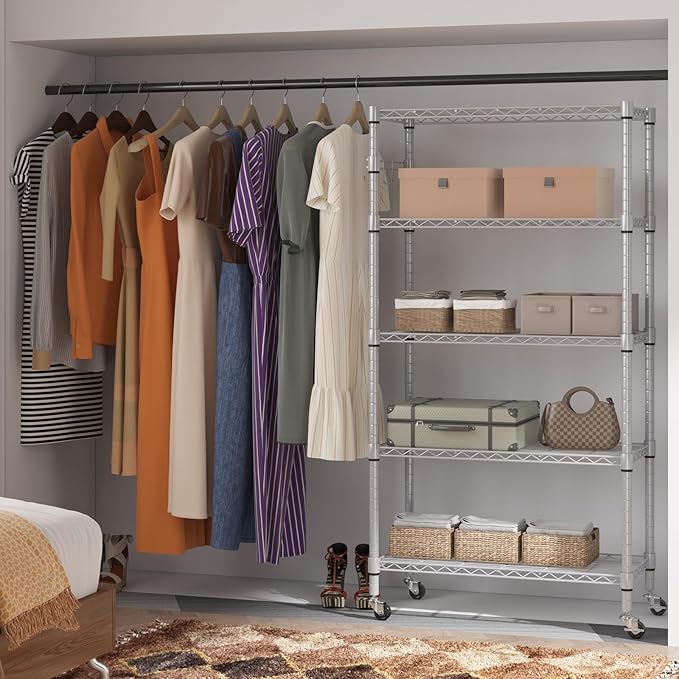 Homdox 5 Tier Adjustable Rolling Storage Shelves, Heavy Duty Wire Racks and Shelving, Metal Shelves for with Side Hooks Pantry Closet Kitchen Garage Organization, Silver Gray